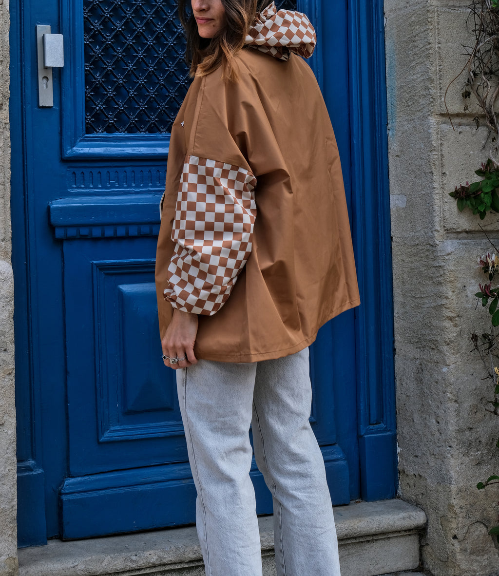 Poncho court Damier Marron