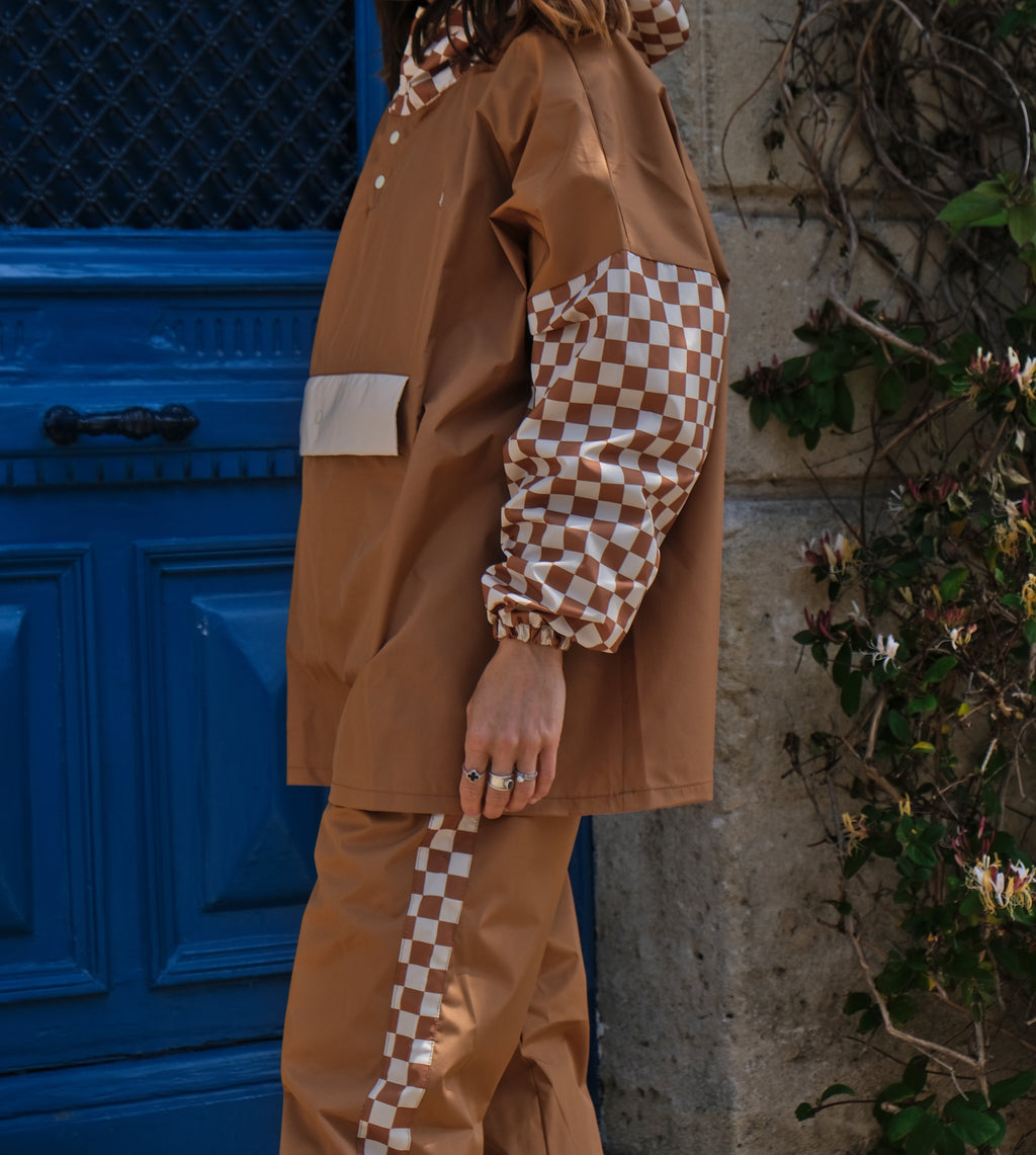 Poncho court Damier Marron