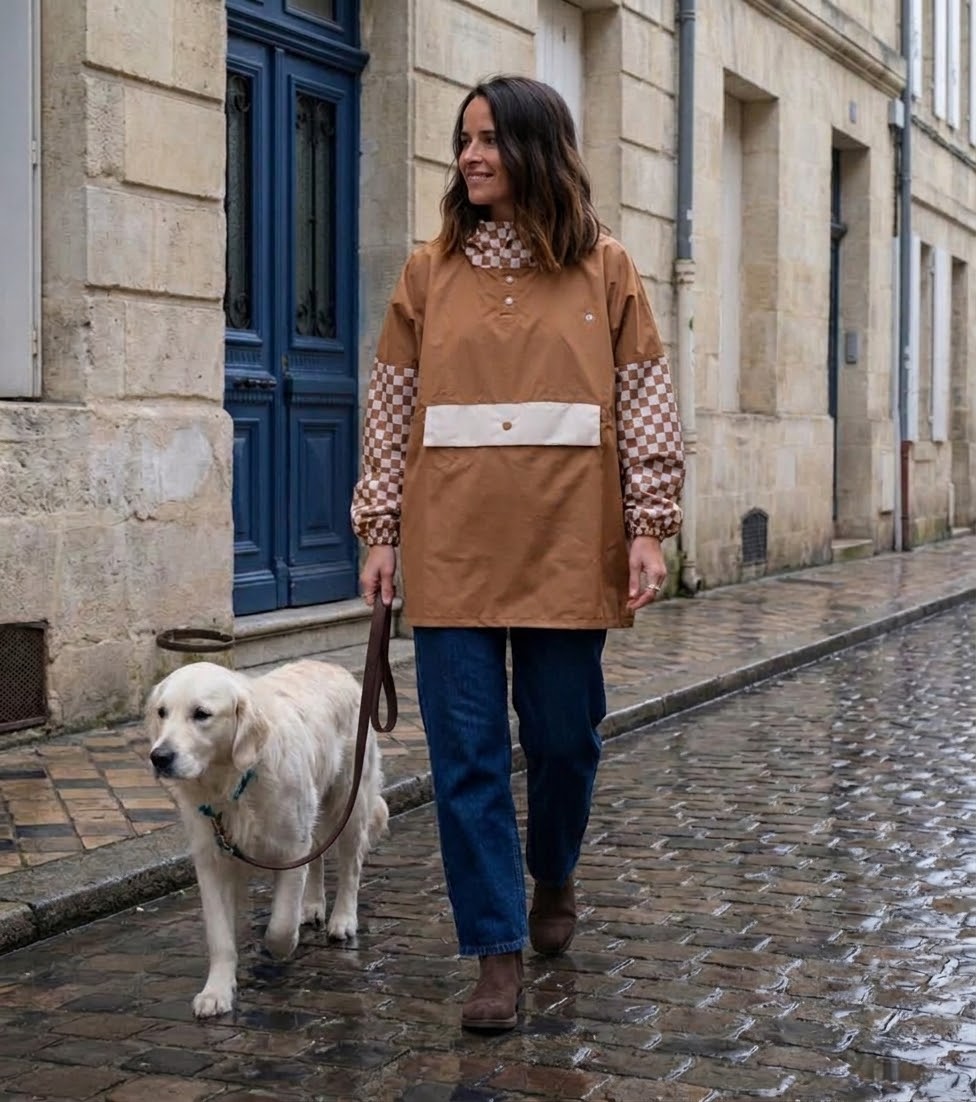 Poncho court Damier Marron